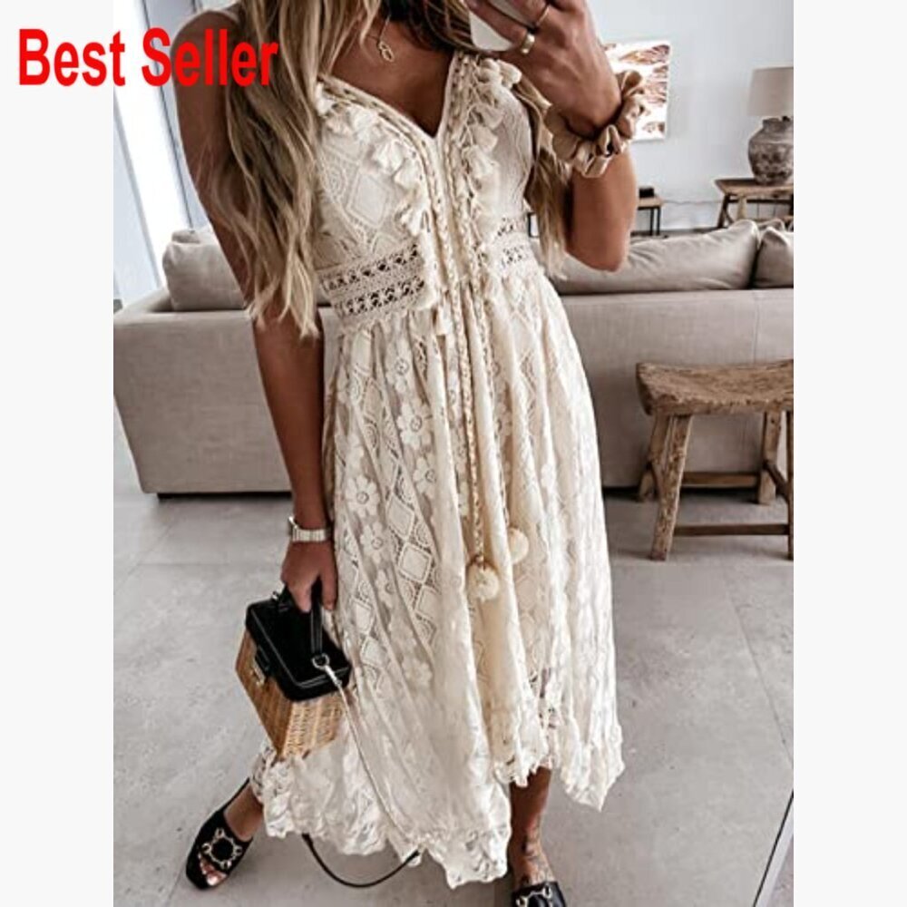Cotton Blend Maxi Dress with Lace Tassel Adjustable Straps Sleeveless - Picture 5 of 7